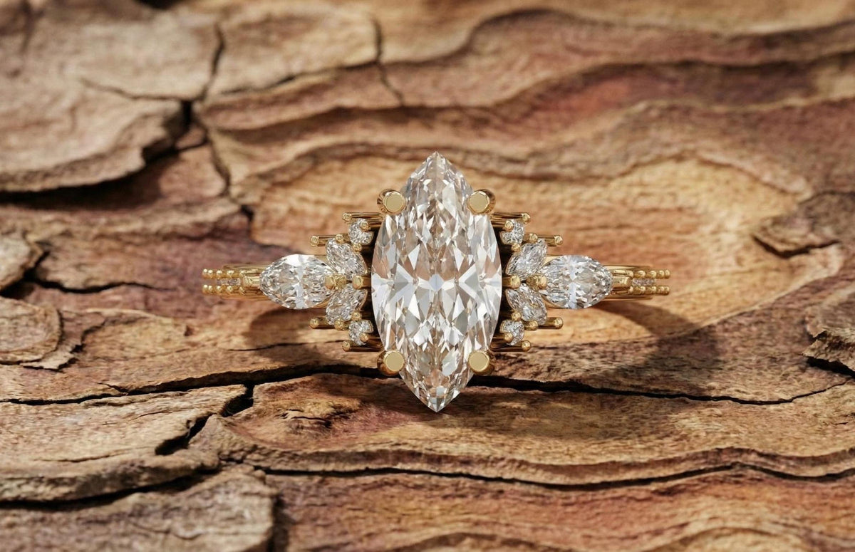 Marquise Moissanite Engagement Ring, Vintage Leaf Design, 925 Sterling Silver