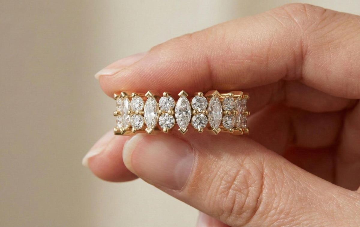 925 Sterling Silver Marquise & Round Cut Diamond Band Ring, Gold Vermeil Eternity Band, Stackable Wedding Ring, Anniversary Gift for Her,