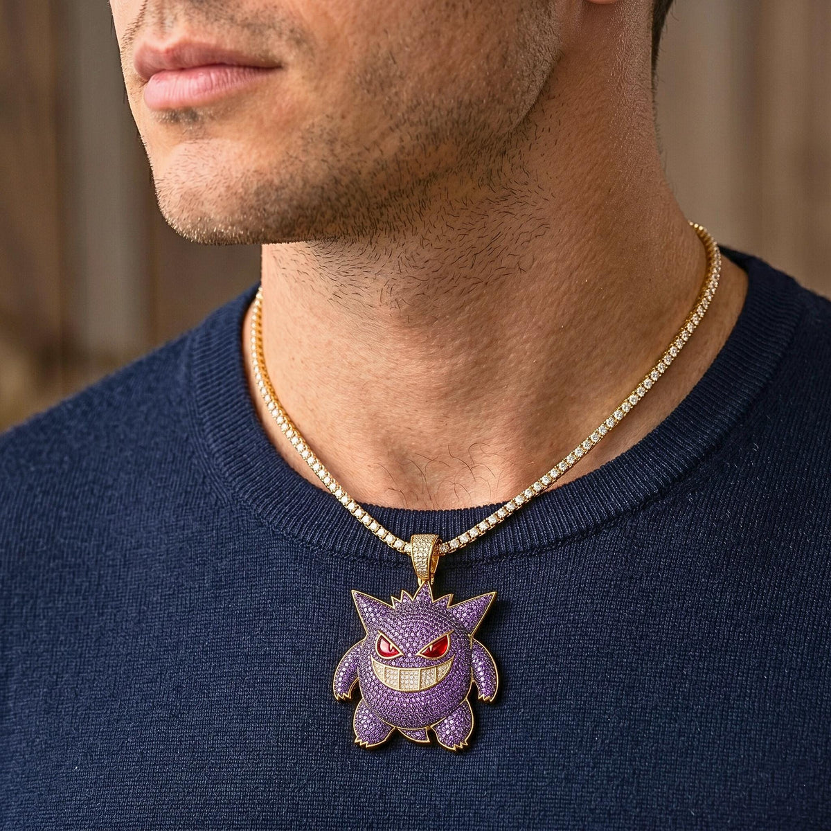 Rare Iced Out Gengar Pendant | 925 Sterling Silver Anime Necklace Hip Hop Gamer Jewelry Gold  Ghost Charm Custom Nostalgic Gift for him/her.