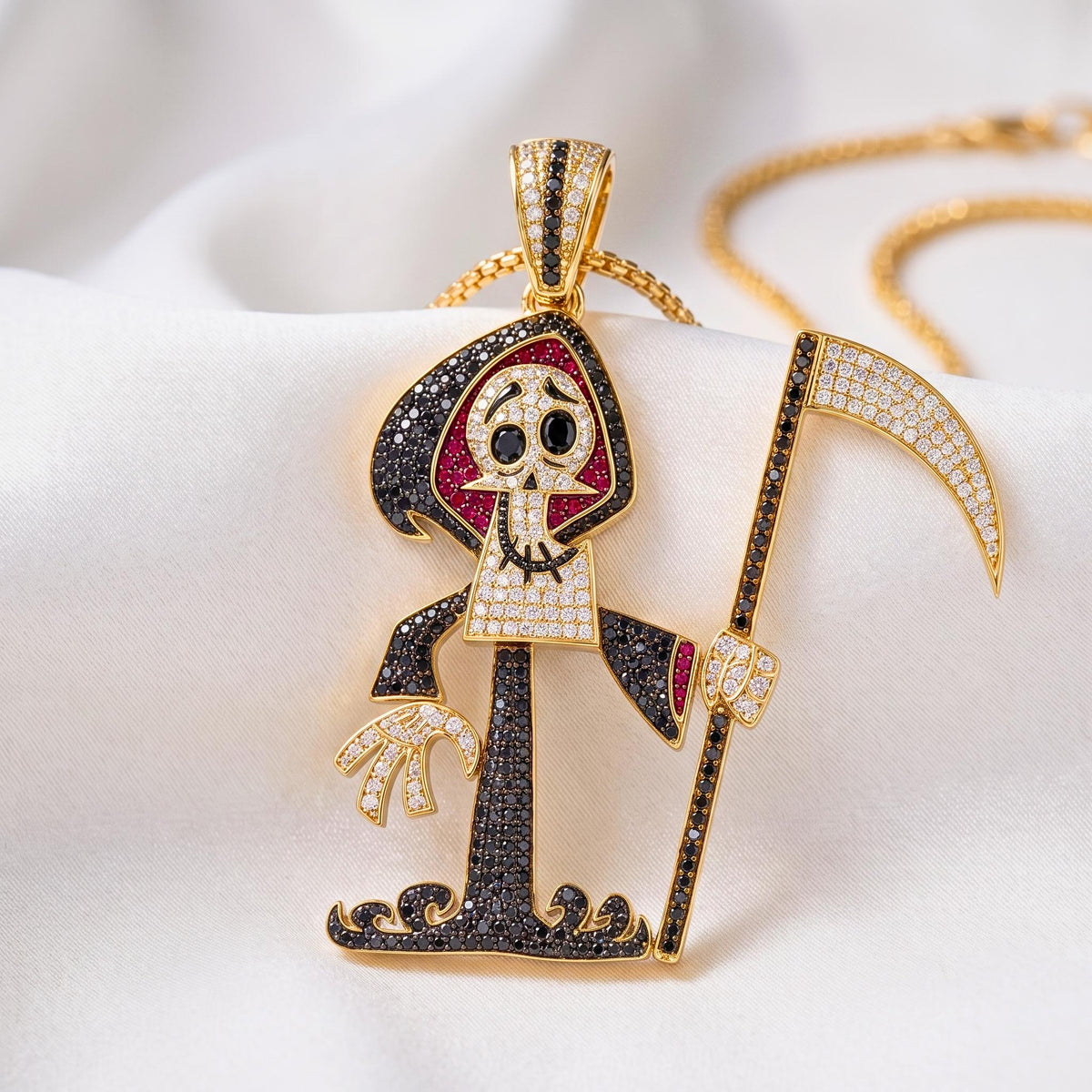 Rare Iced Out Grim Reaper Pendant, 925 Sterling Silver Cartoon Reaper Charm, Men's Hip Hop Jewelry, Gold Plated, Halloween Gift for her/him