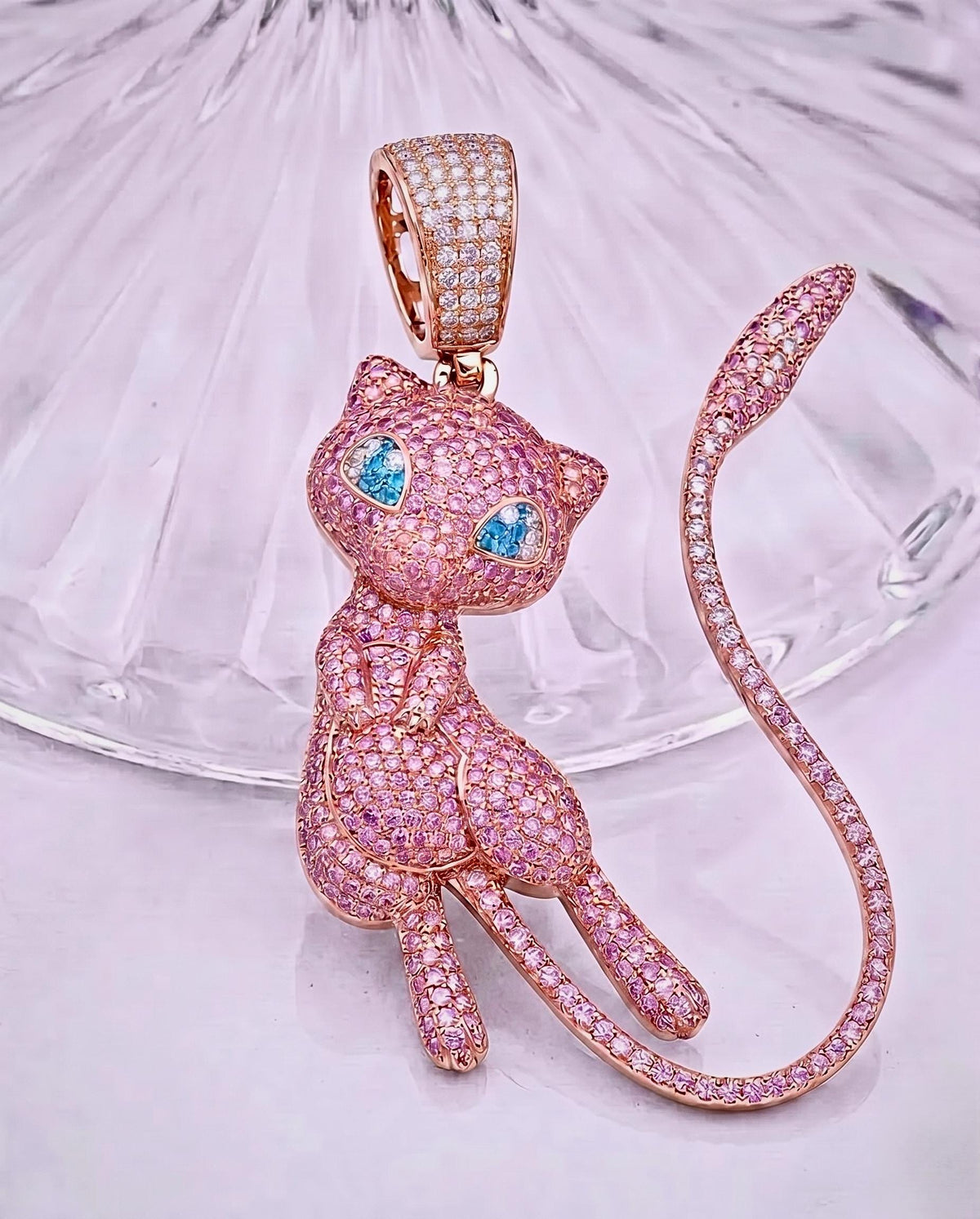 Iced Out Pink Mew Pendant, 925 Sterling Silver Anime Jewelry, Custom Hip Hop Necklace, Kawaii Gamer Gift, Nostalgic Charm , gift for her/him