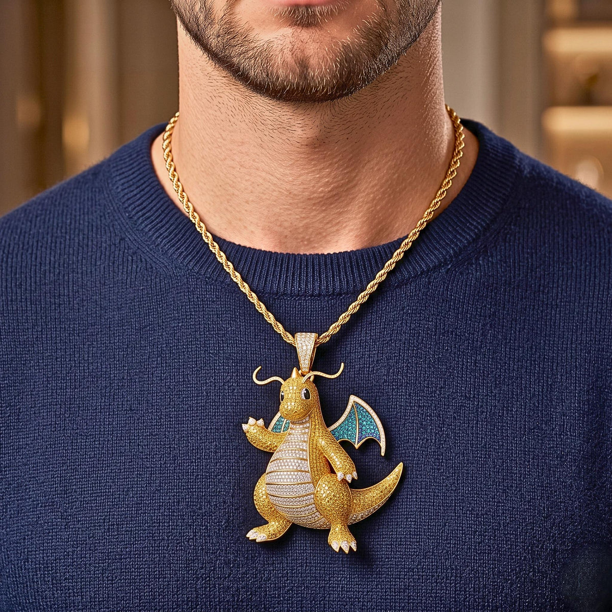 Iced Out Dragonite Pokemon Pendant | 925 Sterling Silver Anime Jewelry | Hip Hop Gamer Charm | Custom Pop Culture Bling | Gift for her/him.