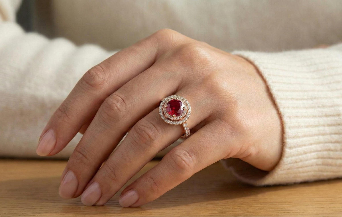 Ruby Halo Engagement Ring for Women, 925 Sterling Silver Gold Plated Ring, Diamond Accent Bridal Ring, July Birthstone Gift,