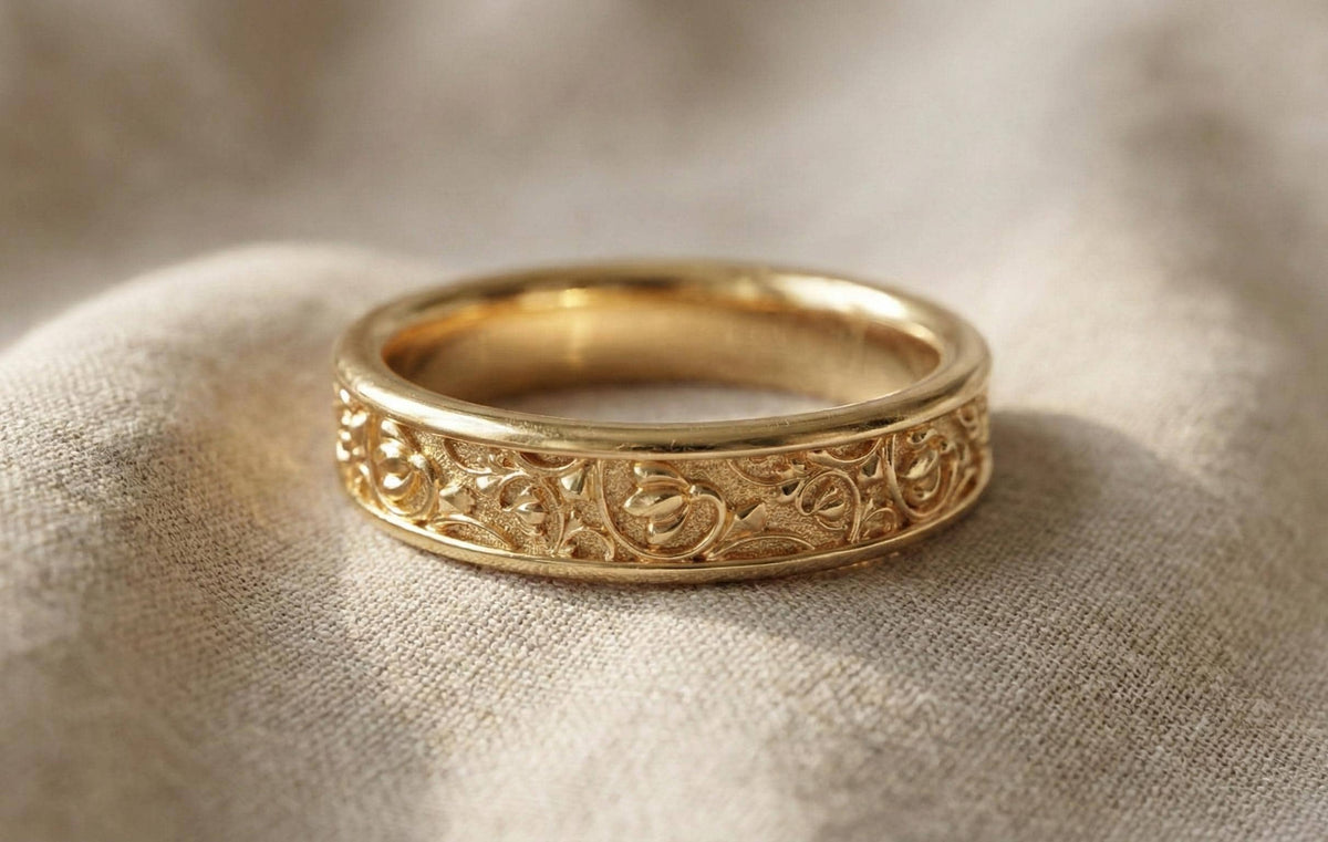 Gold Floral Wedding Band | Vintage Art Nouveau Scroll Ring | Engraved Flower Eternity Ring | Nature Inspired Garden Jewelry | Gift for Her