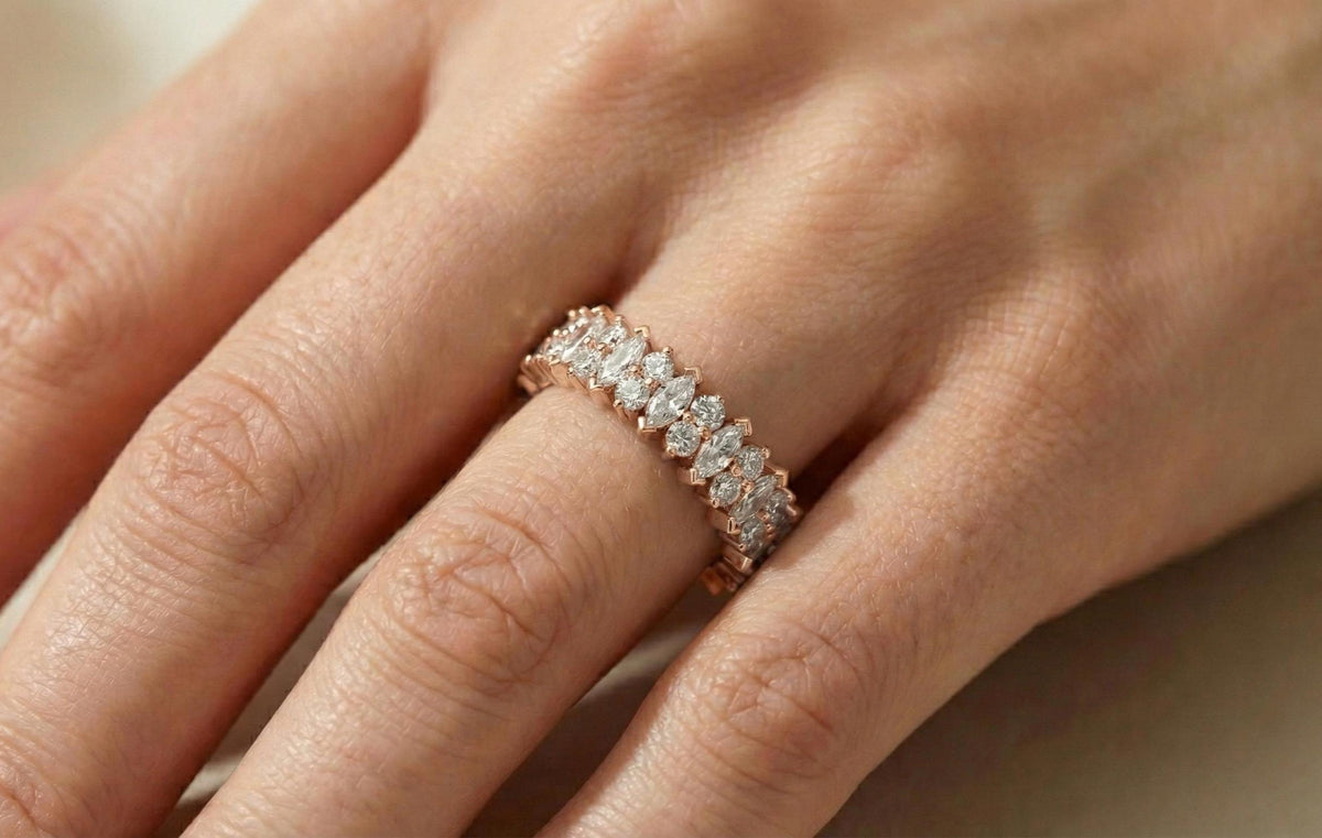 925 Sterling Silver Marquise & Round Cut Diamond Band Ring, Gold Vermeil Eternity Band, Stackable Wedding Ring, Anniversary Gift for Her,