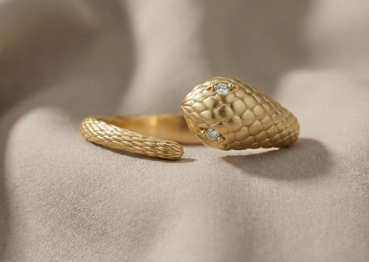 925 Sterling Silver Snake Ring, Gold  Serpent Ring, Diamond Eye Snake Ring, Adjustable Statement Ring, Women Fine Jewellery Gift for her/him