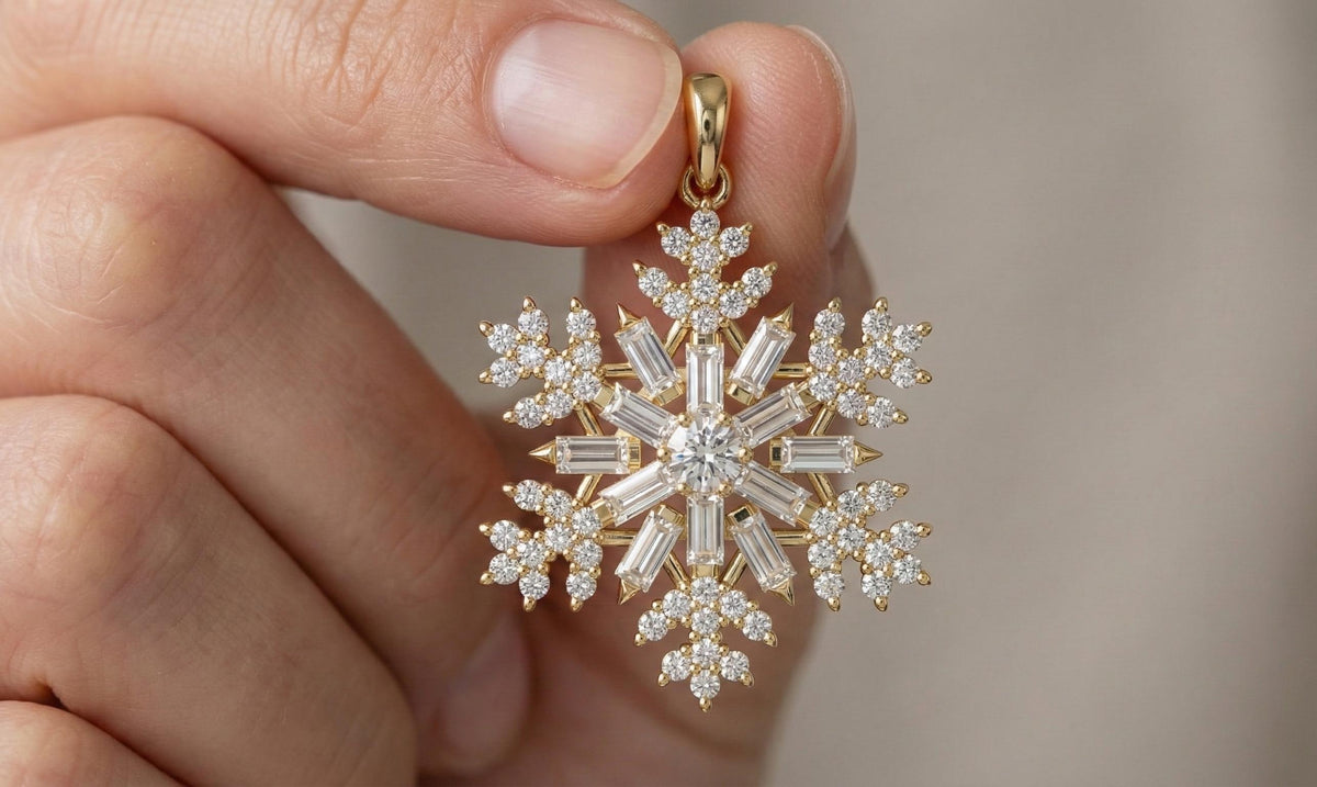 Gold Vermeil Snowflake Pendant with Baguette & Round CZ Stones – Icy Winter Jewelry