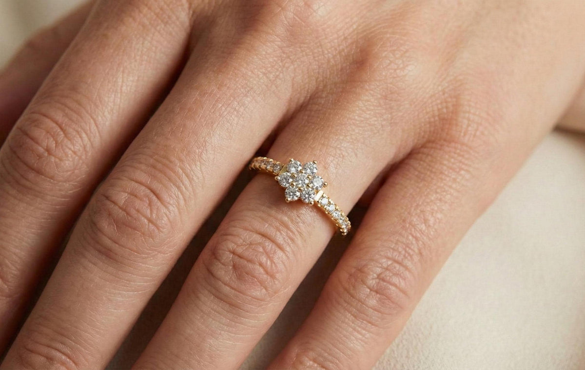 925 Sterling Silver Flower Cluster Ring, Gold Plated Diamond CZ Floral Engagement Ring, Dainty Promise Ring for Women, Gift For Her