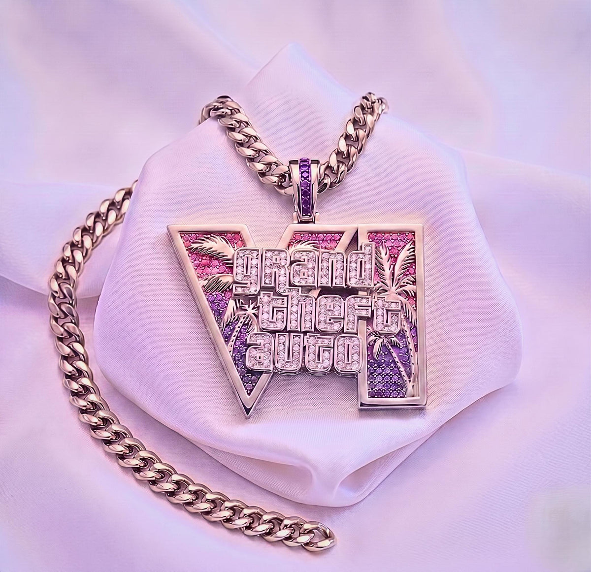 925 Silver GTA 6 Vice City Pendant, Gold Plated 6A CZ Iced Out Necklace, Grand Theft Auto Hip Hop Jewelry, Gamer Bling Chain Gift for Men