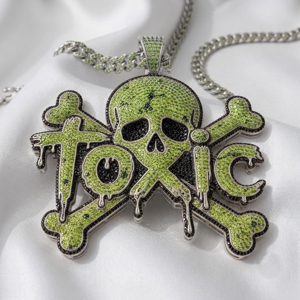Rare Iced Out Toxic Skull Pendant | 925 Sterling Silver Dripping Letter Halloween Jewelry | Cool Hip Hop Statement Gift for her/him