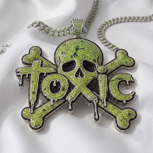 Rare Iced Out Toxic Skull Pendant | 925 Sterling Silver Dripping Letter Halloween Jewelry | Cool Hip Hop Statement Gift for her/him