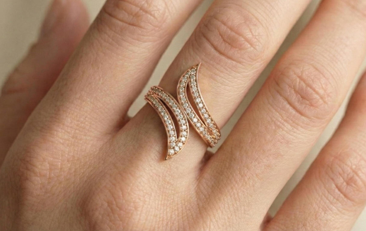 925 Sterling Silver Wave Ring with Cubic Zirconia | Modern Curved Statement Ring | Minimalist Luxury Gift for Women