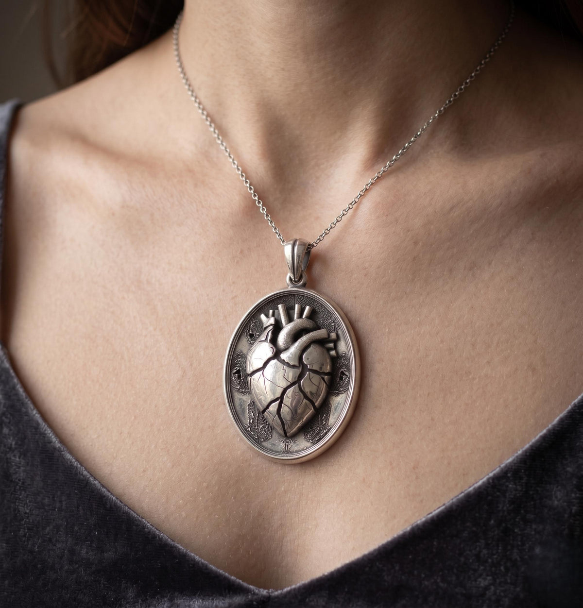 Realistic Heart Necklace, 925 Silver Anatomical Pendant, Macabre Gothic Jewelry, Steampunk Accessory Nurse Cardiologist Gift, Dark Aesthetic