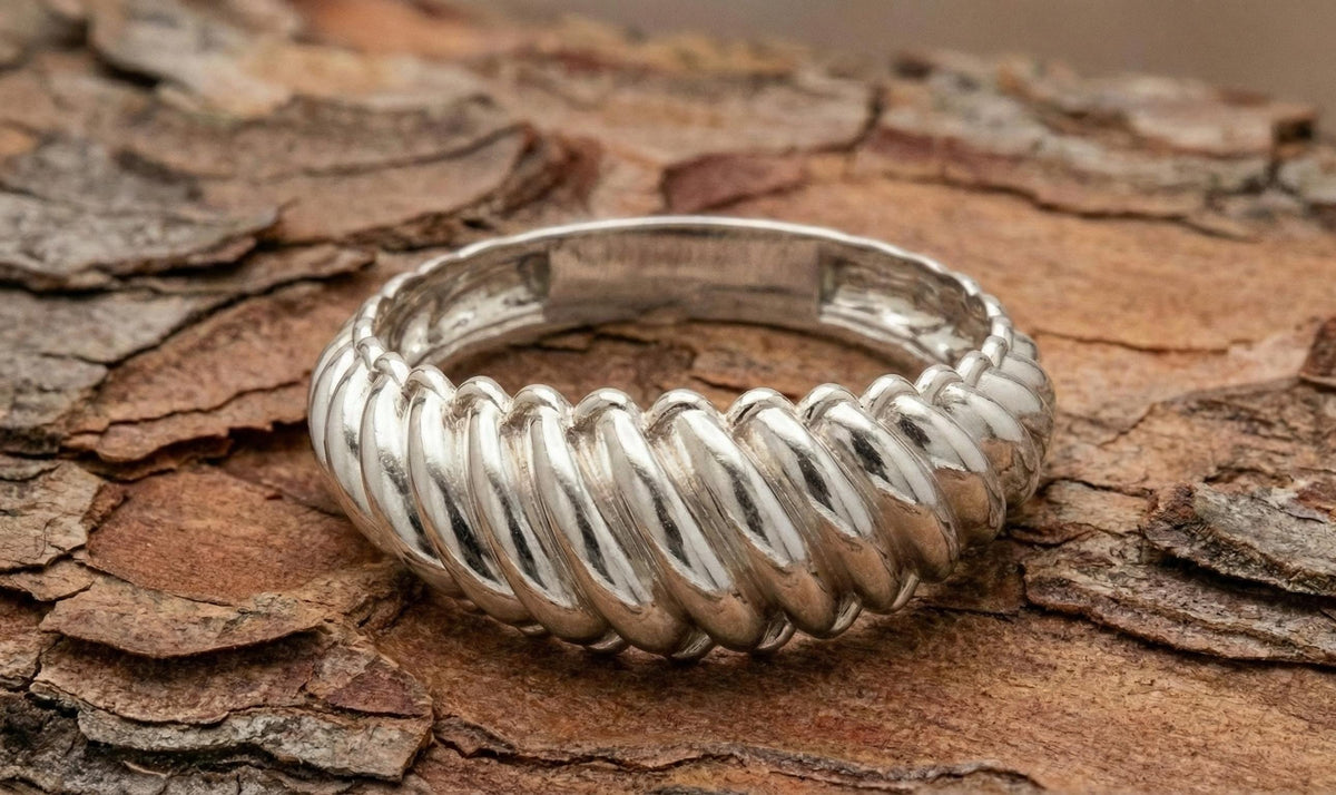 Silver Twisted Dome Ring, Bold Ribbed Statement Band, Minimalist Jewelry