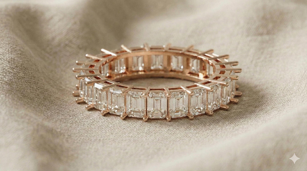 Sterling Silver Emerald Cut Moissanite Eternity Ring, Handmade Wedding Band