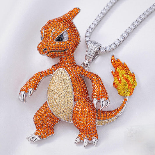 Rare Iced Out Charmeleon Pokémon Pendant 925 Sterling Silver Anime Jewelry Gamer Gift Hip Hop Fire Monster Charm Nostalgia Gift for him/her