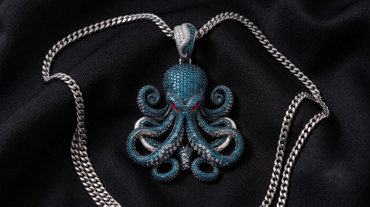 Rare Iced Out Octopus Pendant | 925 Sterling Silver Nautical Halloween Jewelry | Gothic Sea Creature Necklace | Hip Hop gift for her/him