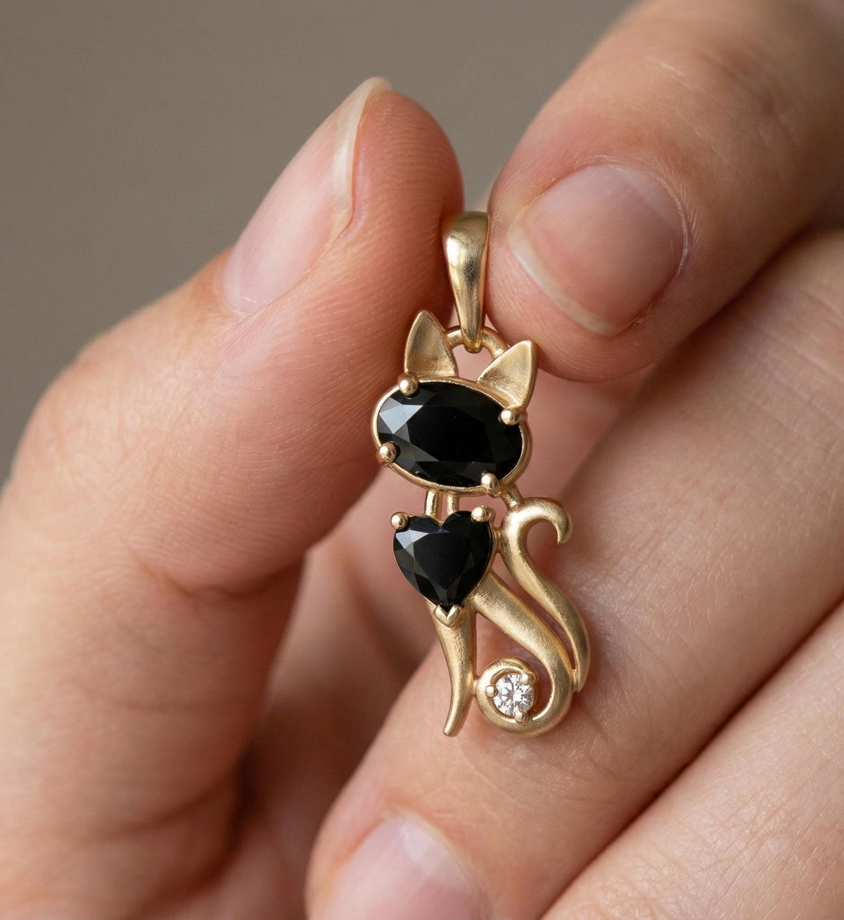 Gold Plated Sterling Silver Black Cat Necklace, Onyx Animal Charm