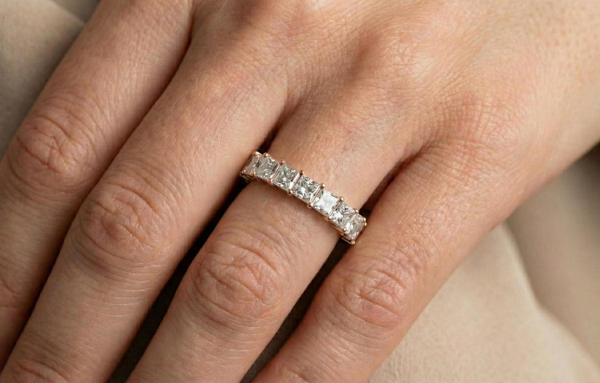 925 Sterling Silver Princess Cut Diamond Eternity Band, Gold Wedding Ring, Bridal Anniversary Ring, Luxury Stackable Band ,Dainty Gift