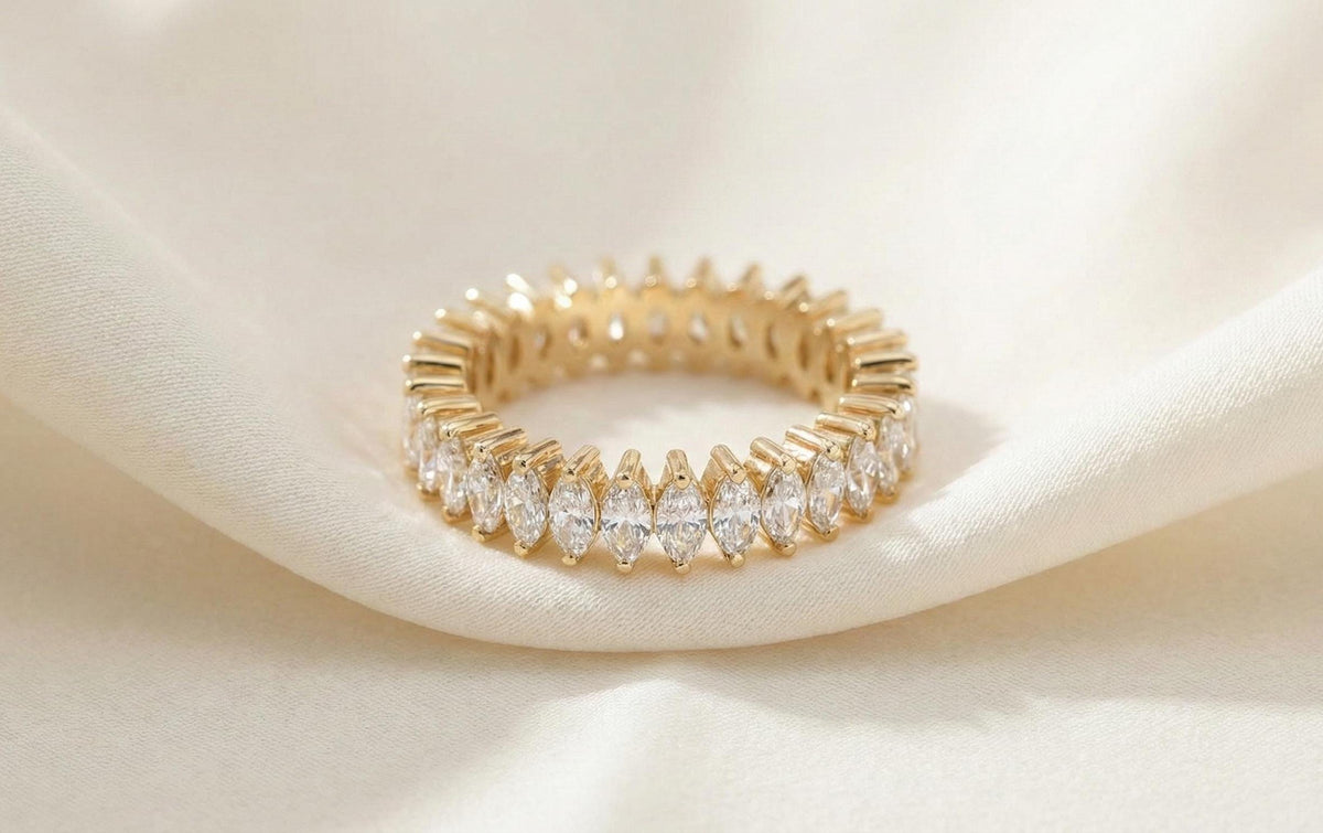 925 Sterling Silver Marquise & Round Cut Diamond Band Ring, Gold Vermeil Eternity Band, Stackable Wedding Ring, Anniversary Gift for Her,