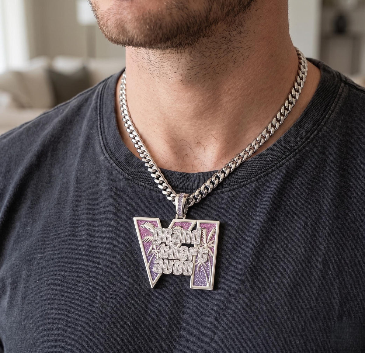 925 Silver GTA 6 Vice City Pendant, Gold Plated 6A CZ Iced Out Necklace, Grand Theft Auto Hip Hop Jewelry, Gamer Bling Chain Gift for Men