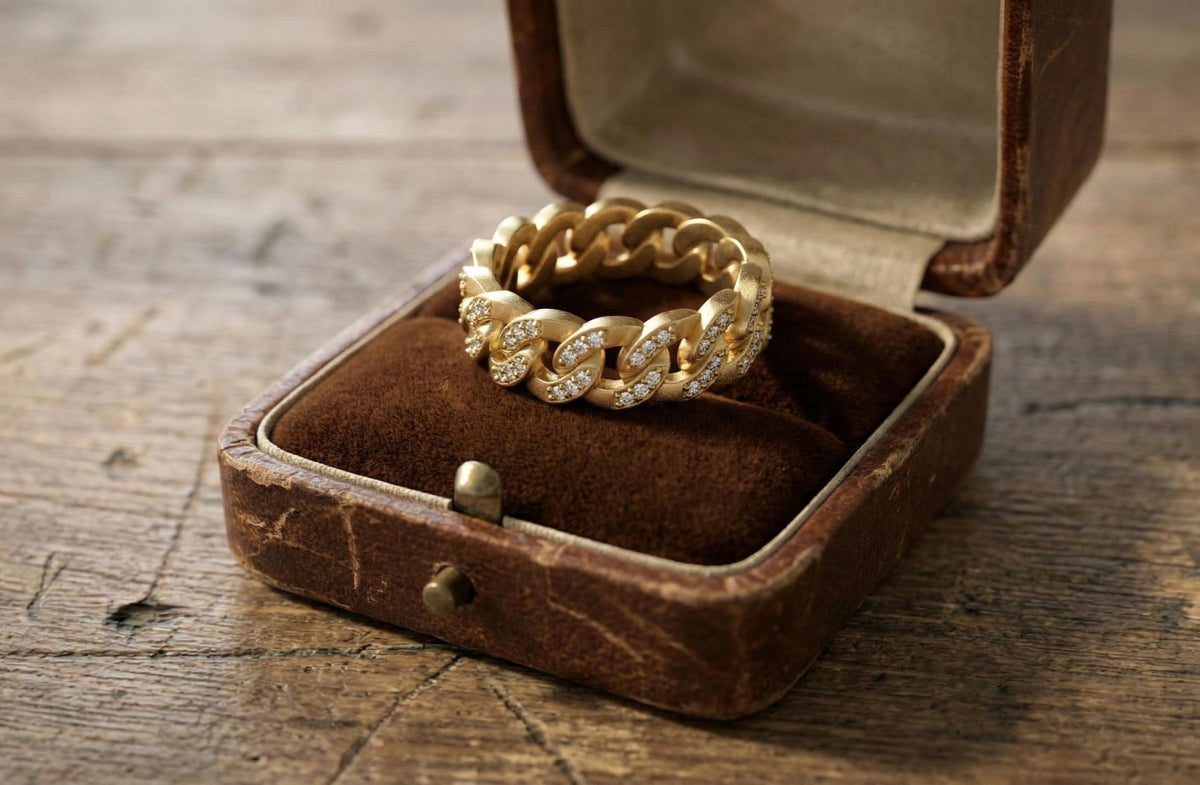Gold Cuban Link Ring, Pave CZ Sterling Silver Chain Band