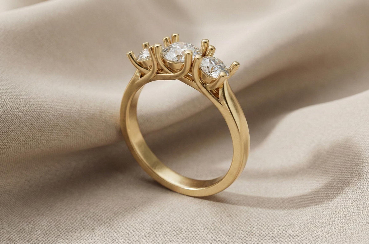 925 Sterling Silver Three Stone Ring, Round Cut Diamond Ring, Gold Plated Engagement Ring, Minimalist Handmade Jewellery, Gift for Her
