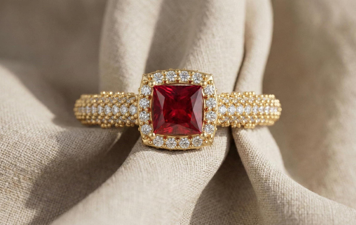 925 Sterling Silver Red Ruby Engagement Ring, Princess Cut Halo Diamond Ring, Gold Plated Statement Ring for Women, Gift for Her