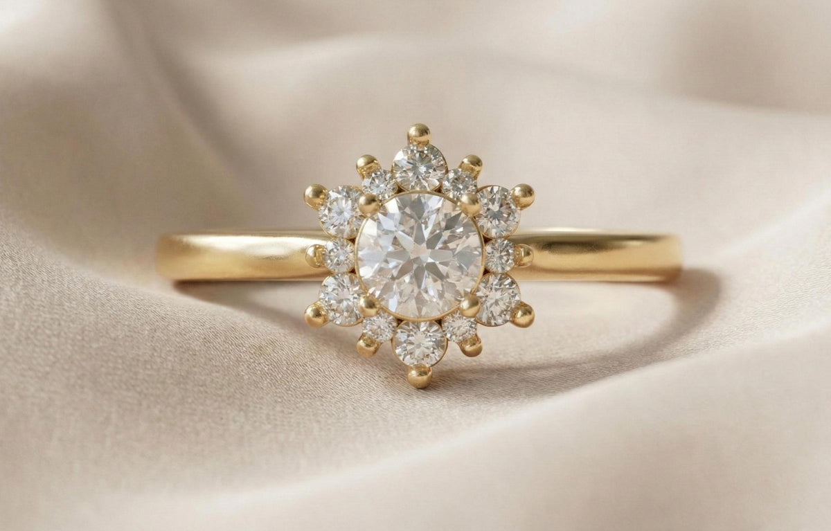925 Sterling Silver Halo Engagement Ring, Gold Plated Floral Diamond Ring, Round Cut Promise Ring, Dainty Bridal Ring,  Gift for Women