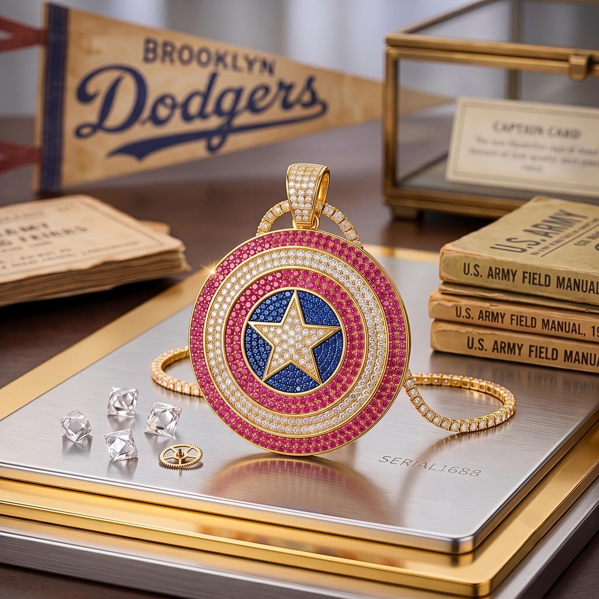 Iced Out Captain America Shield Pendant | Sterling Silver Pink CZ Avengers Necklace