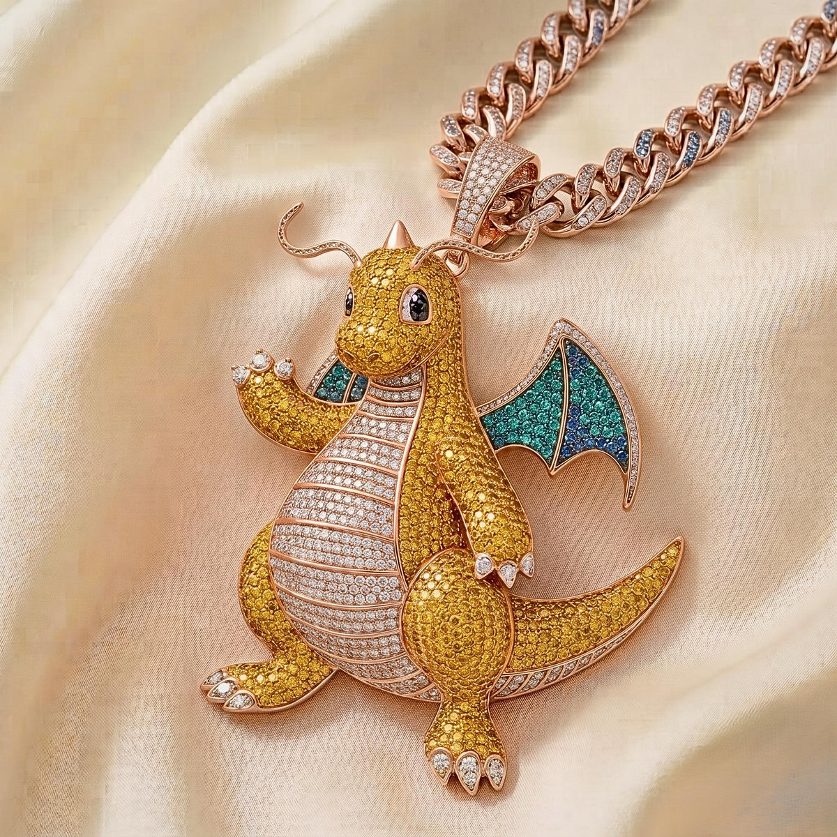 Iced Out Dragonite Pokemon Pendant | 925 Sterling Silver Anime Jewelry | Hip Hop Gamer Charm | Custom Pop Culture Bling | Gift for her/him.