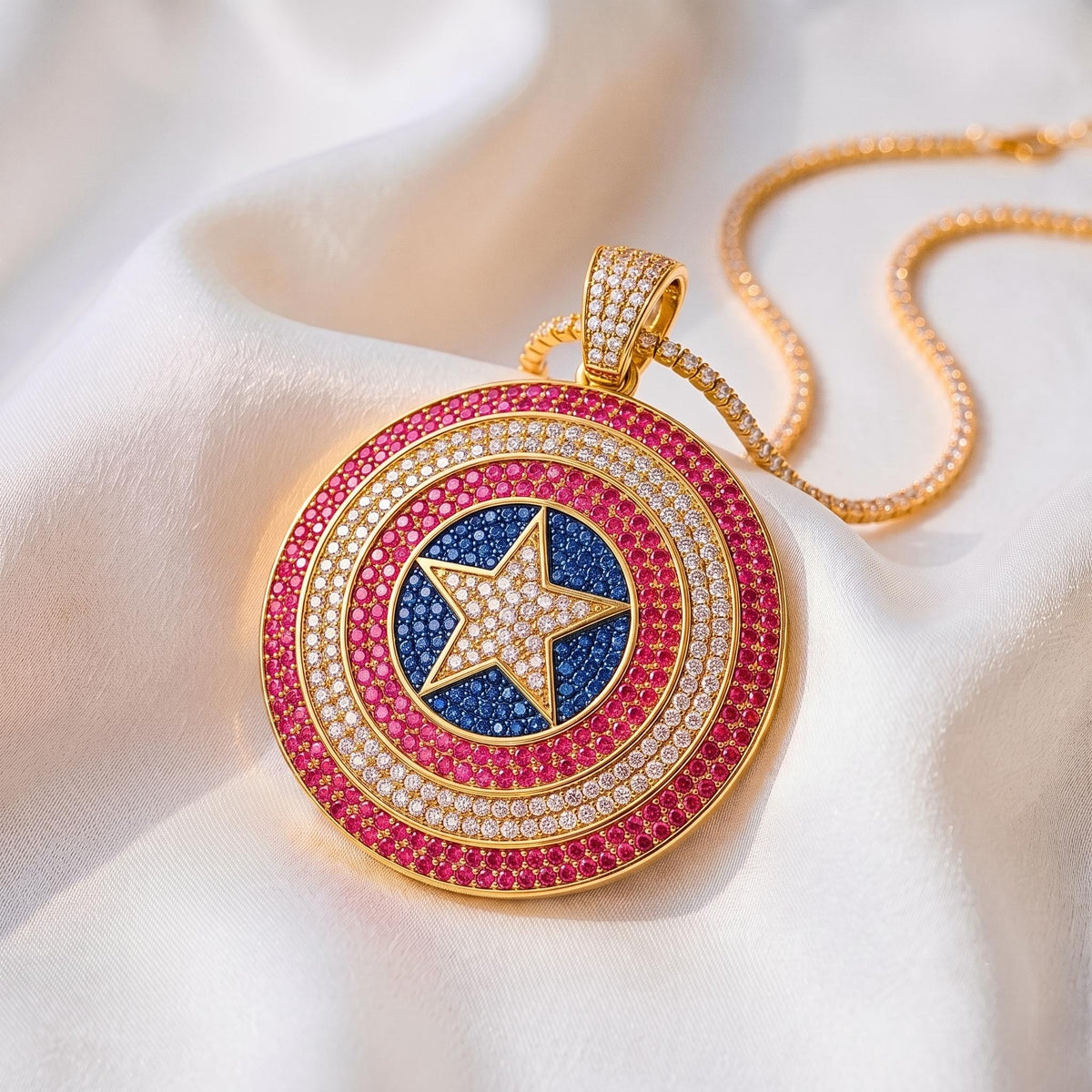 Iced Out Captain America Shield Pendant | Sterling Silver Pink CZ Avengers Necklace