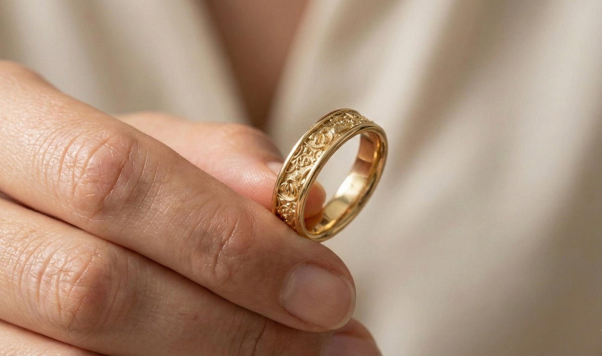 Gold Floral Wedding Band | Vintage Art Nouveau Scroll Ring | Engraved Flower Eternity Ring | Nature Inspired Garden Jewelry | Gift for Her