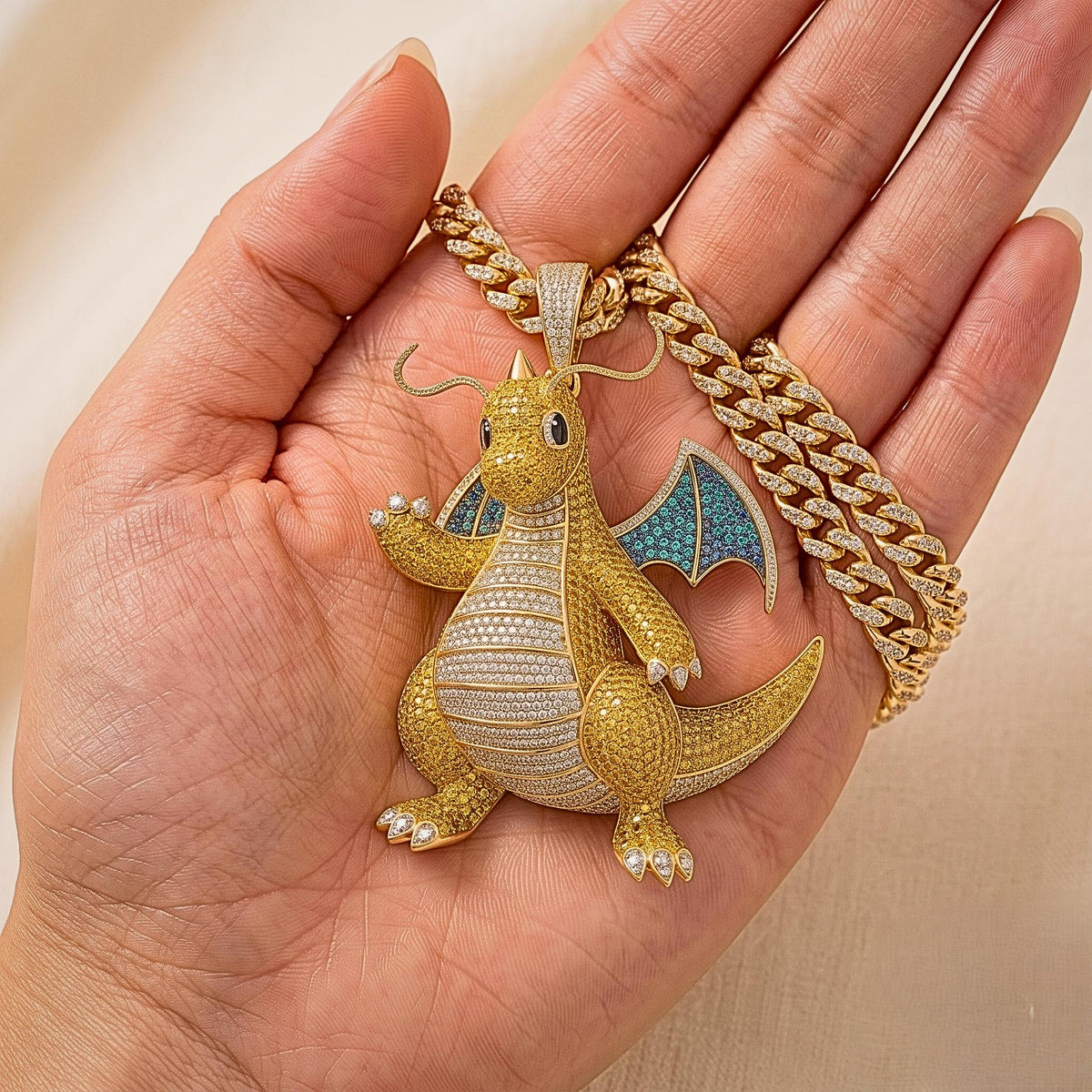 Iced Out Dragonite Pokemon Pendant | 925 Sterling Silver Anime Jewelry | Hip Hop Gamer Charm | Custom Pop Culture Bling | Gift for her/him.