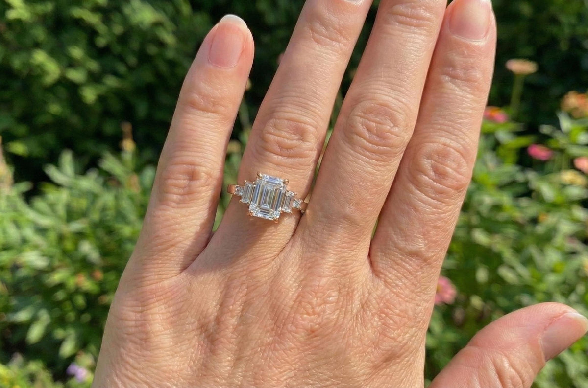 Emerald Cut Moissanite Ring, Sterling Silver Three Stone Engagement Ring