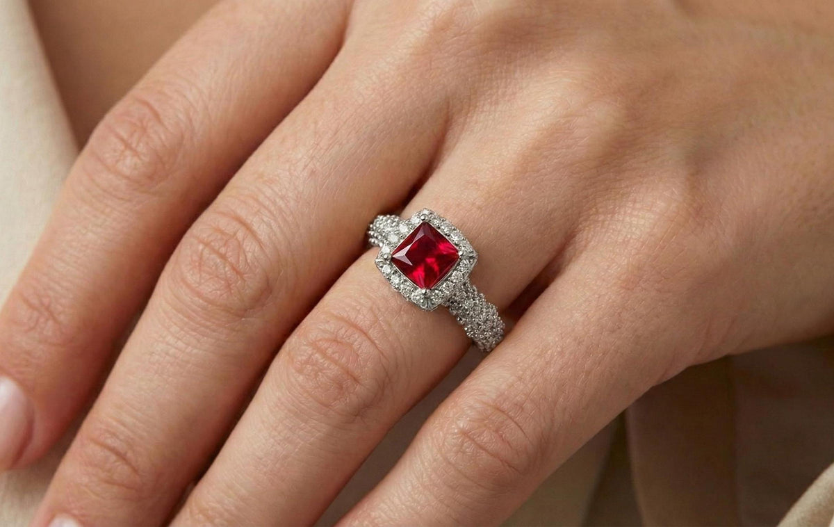 925 Sterling Silver Red Ruby Engagement Ring, Princess Cut Halo Diamond Ring, Gold Plated Statement Ring for Women, Gift for Her