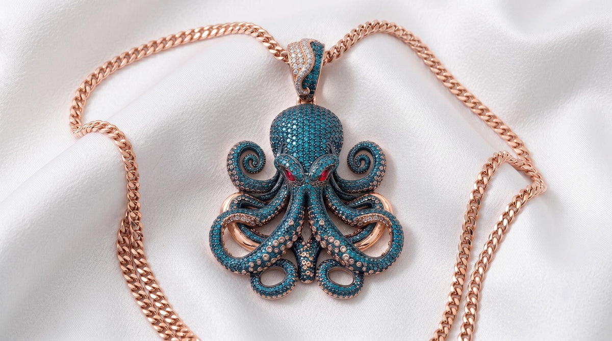 Rare Iced Out Octopus Pendant | 925 Sterling Silver Nautical Halloween Jewelry | Gothic Sea Creature Necklace | Hip Hop gift for her/him