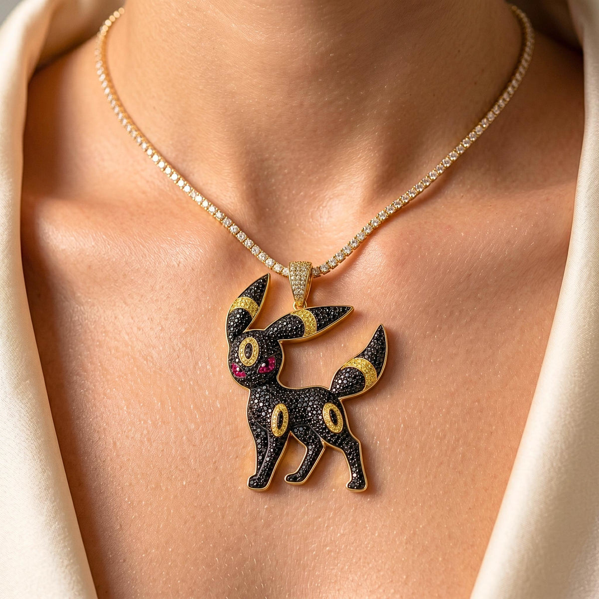 Umbreon Pendant Necklace | Sterling Silver Iced Out Anime Charm, Gamer Gift