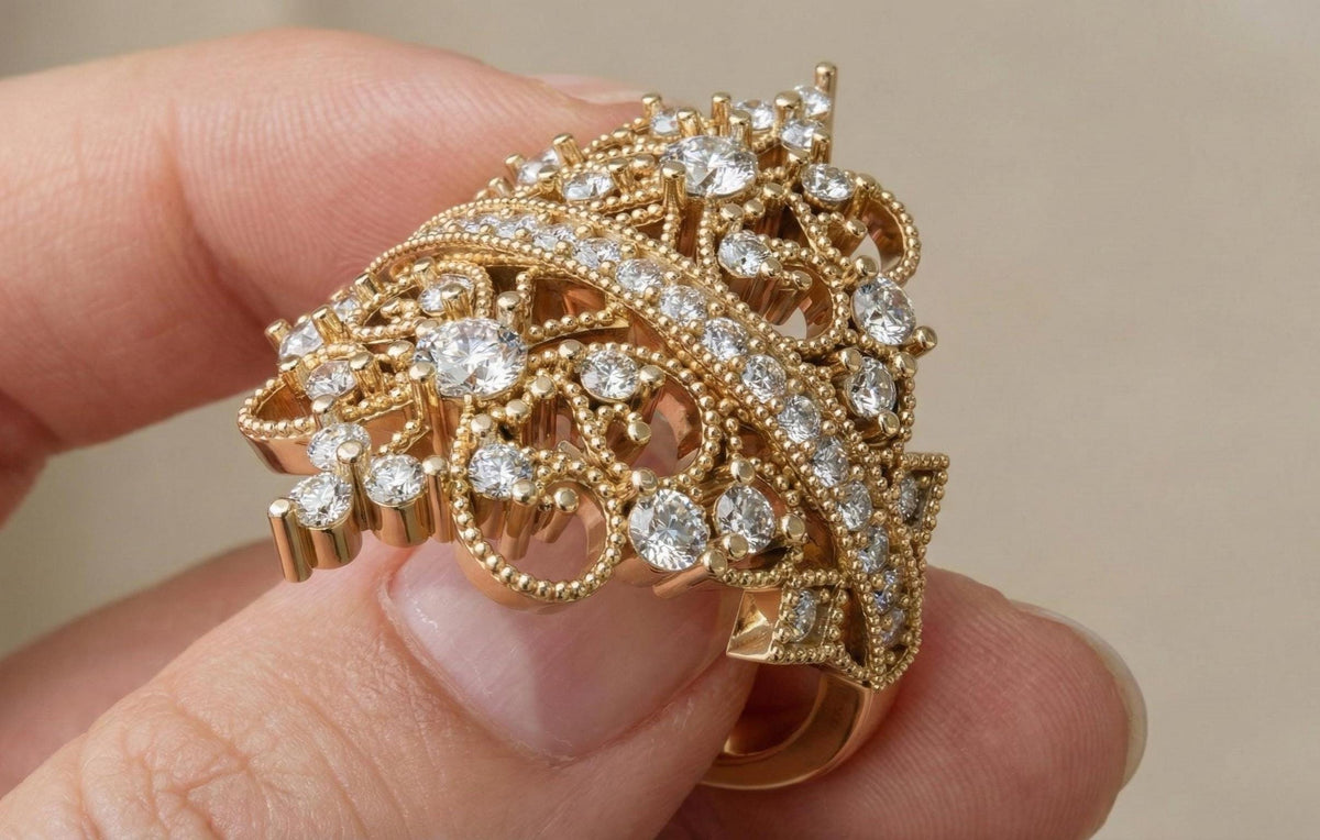 Gold Butterfly Filigree Ring | Vintage Style Wide Band | Diamond Statement Ring | Victorian Revival Cocktail Ring | Floral Lace Wedding Ring