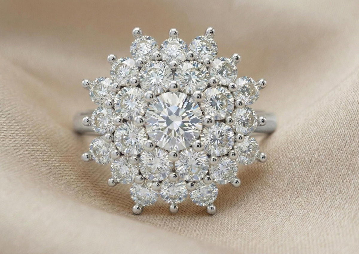Sterling Silver Cluster Ring | Snowflake Halo Diamond Ring | Statement Engagement Ring | Bridal Jewelry Gift for Her