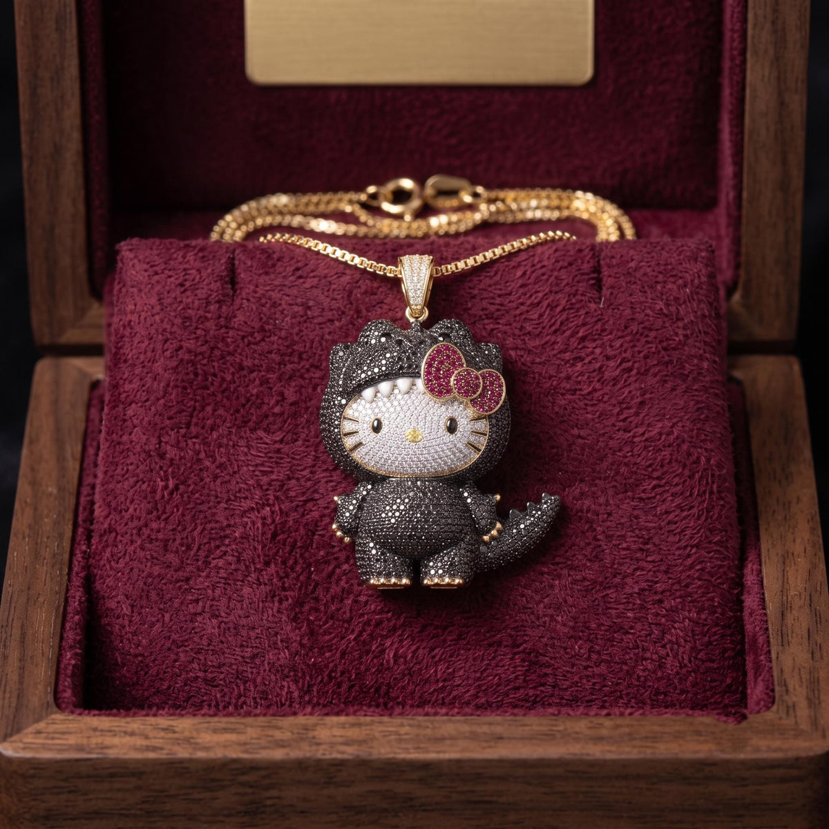 Rare Iced Out Kitty x Godzilla Pendant | 925 Sterling Silver, Yellow & Rose Gold Plated | Custom Monster Cat Charm Gift For her/him