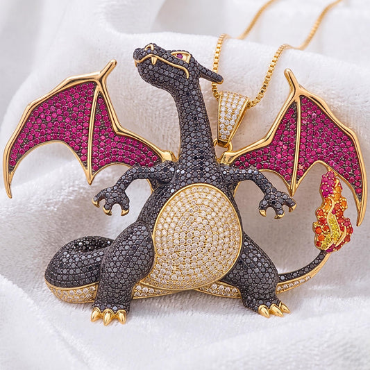 Rare Iced Out Shiny Charizard Pokemon Pendant | 925 Sterling Silver Anime Jewelry Custom Hip Hop Gamer Charm Pop Culture Bling Gift for her