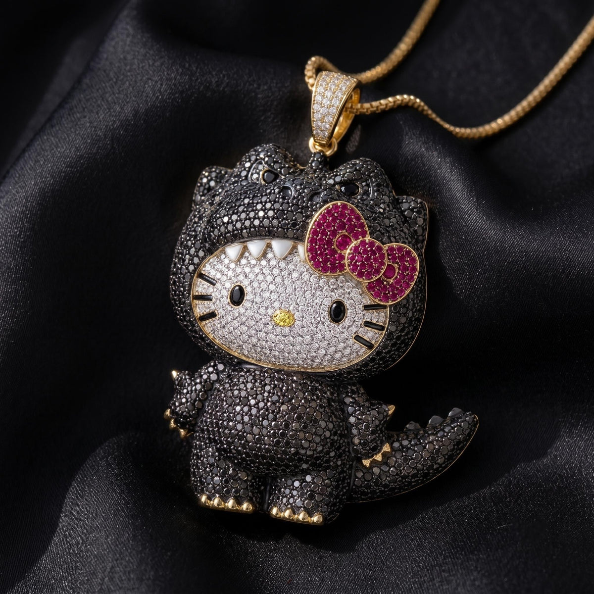 Rare Iced Out Kitty x Godzilla Pendant | 925 Sterling Silver, Yellow & Rose Gold Plated | Custom Monster Cat Charm Gift For her/him