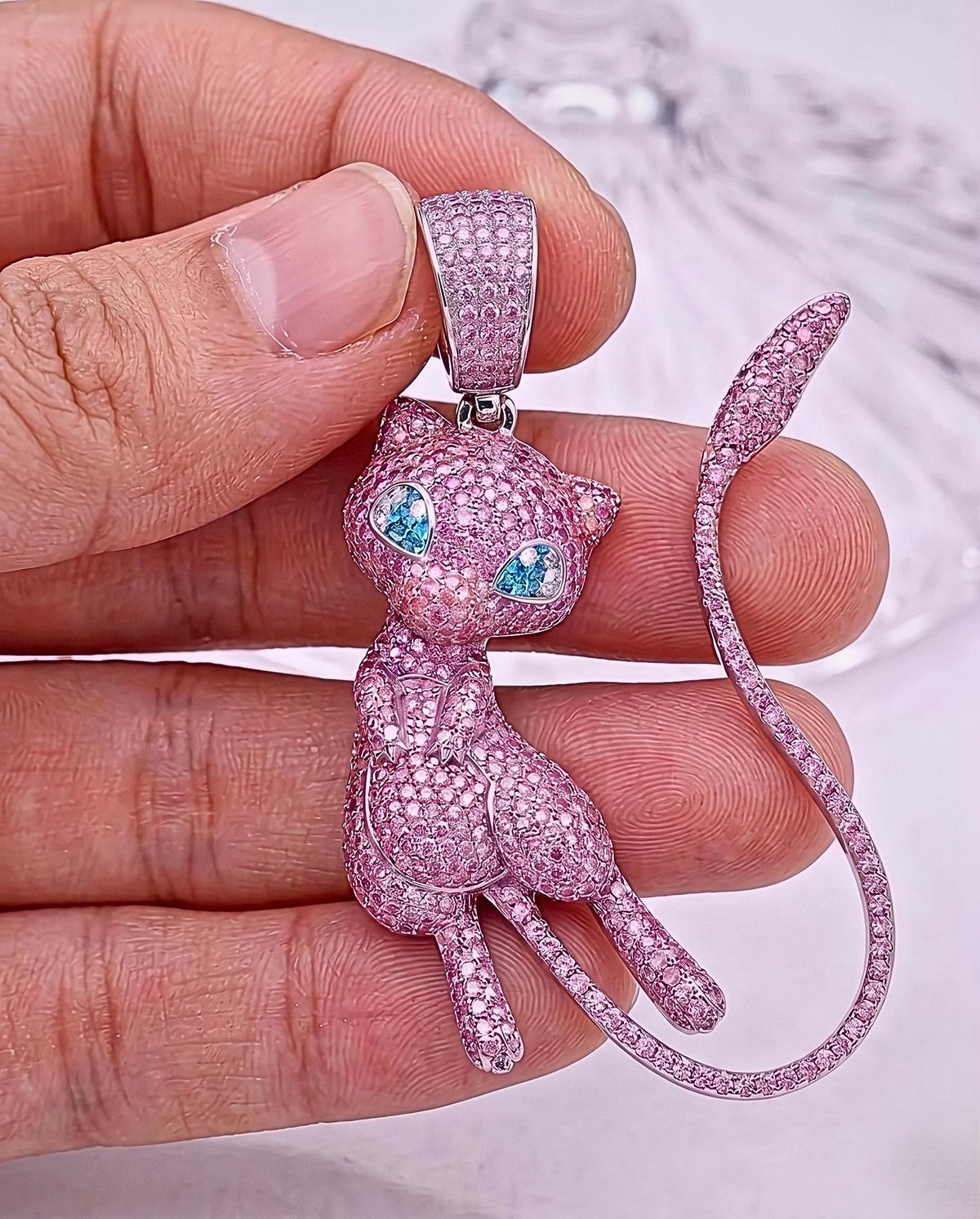 Iced Out Pink Mew Pendant, 925 Sterling Silver Anime Jewelry, Custom Hip Hop Necklace, Kawaii Gamer Gift, Nostalgic Charm , gift for her/him