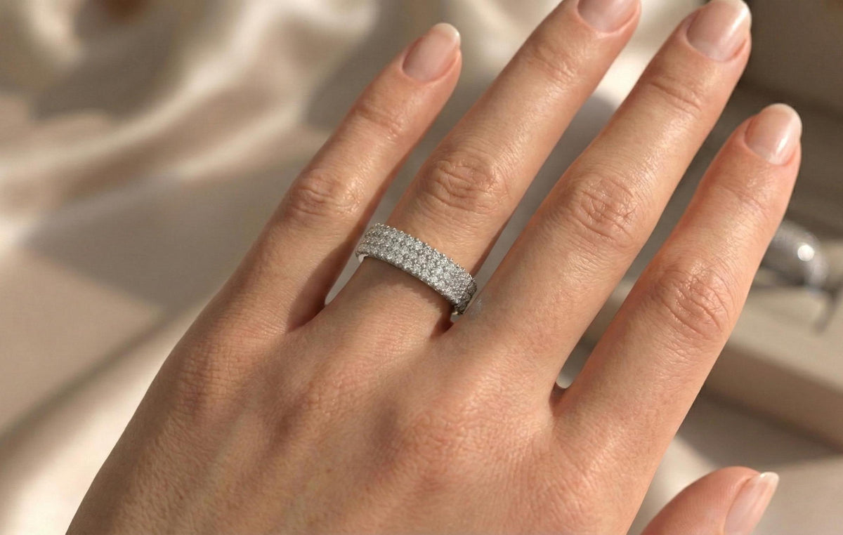 925 Sterling Silver Pave Diamond Band Ring, Gold Plated Wedding Band, Micro Pave CZ Eternity Ring, Anniversary Promise Ring, Gift For Her