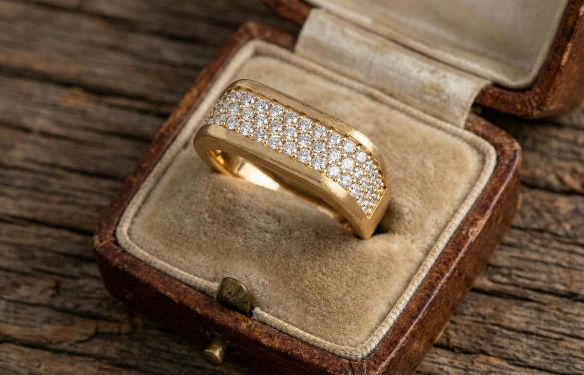 Gold Wedding Band 925 Sterling Silver, Diamond Pave Ring, Men's Wedding Ring, Minimalist Anniversary Band, Statement Ring Gift for Him Her