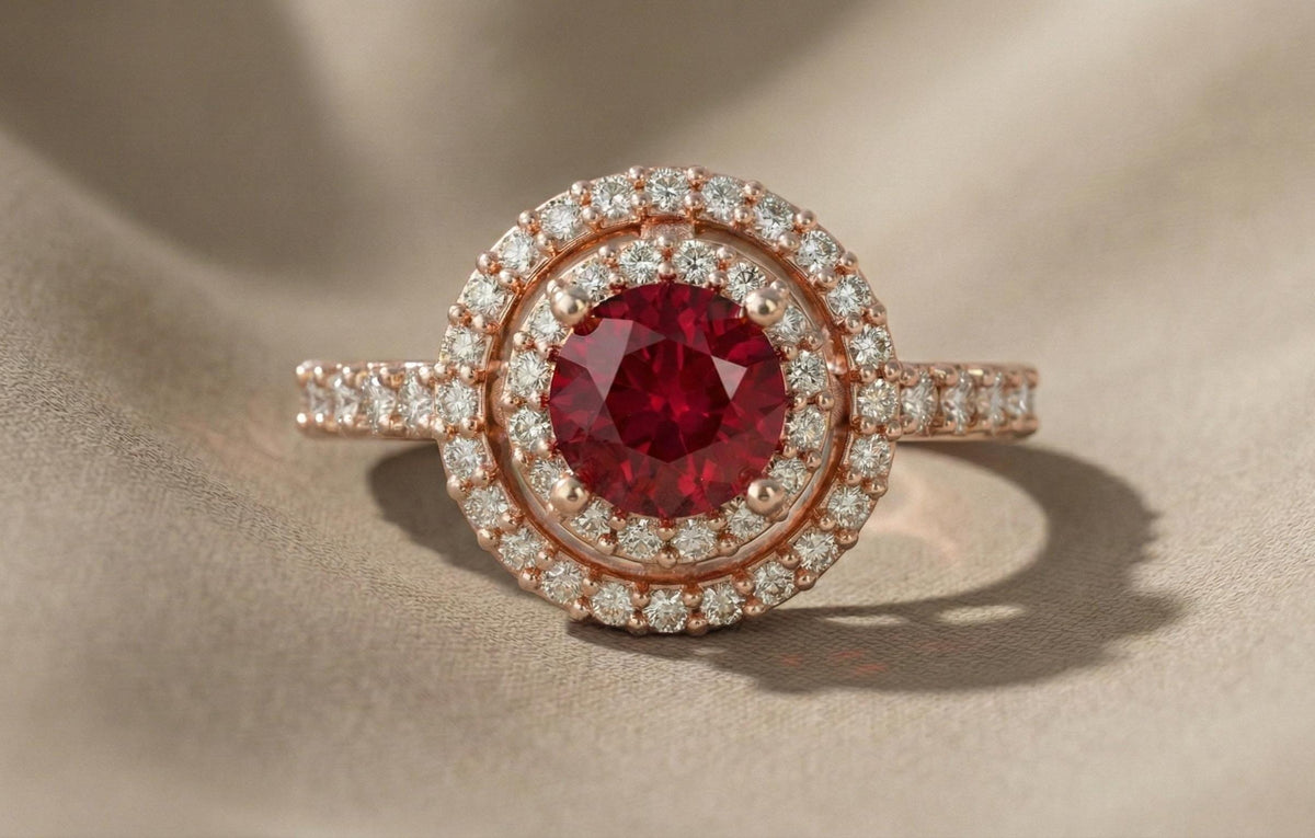 Ruby Halo Engagement Ring for Women, 925 Sterling Silver Gold Plated Ring, Diamond Accent Bridal Ring, July Birthstone Gift,