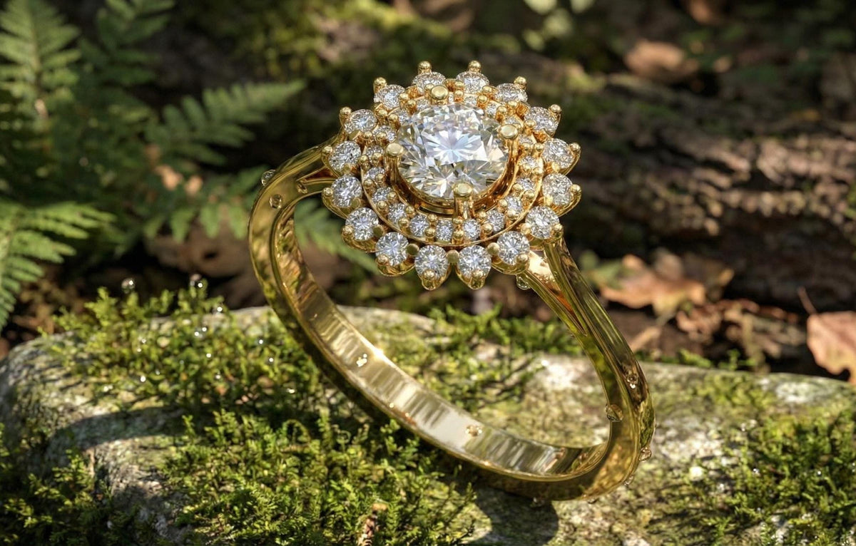 Gold Plated Sterling Silver Halo Engagement Ring, Vintage Bridal Jewelry