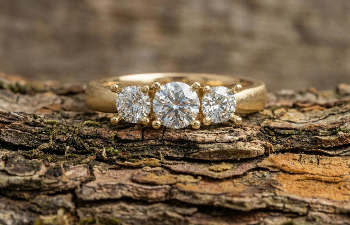 925 Sterling Silver Three Stone Ring, Round Cut Diamond Ring, Gold Plated Engagement Ring, Minimalist Handmade Jewellery, Gift for Her