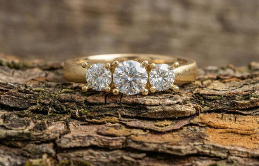 925 Sterling Silver Three Stone Ring, Round Cut Diamond Ring, Gold Plated Engagement Ring, Minimalist Handmade Jewellery, Gift for Her